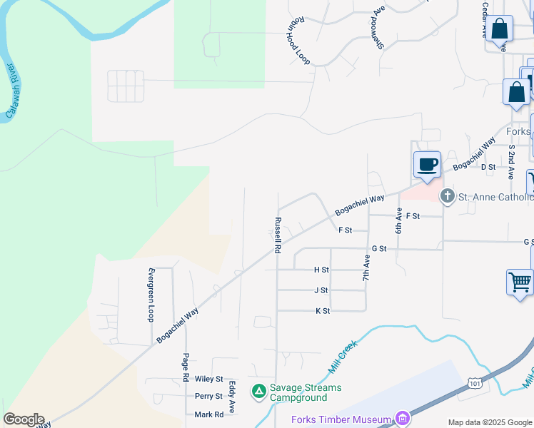 map of restaurants, bars, coffee shops, grocery stores, and more near 600 Russell Road in Forks
