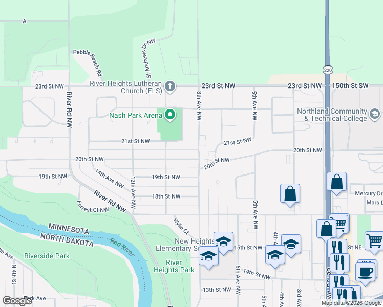 map of restaurants, bars, coffee shops, grocery stores, and more near 2102 9th Avenue Northwest in East Grand Forks