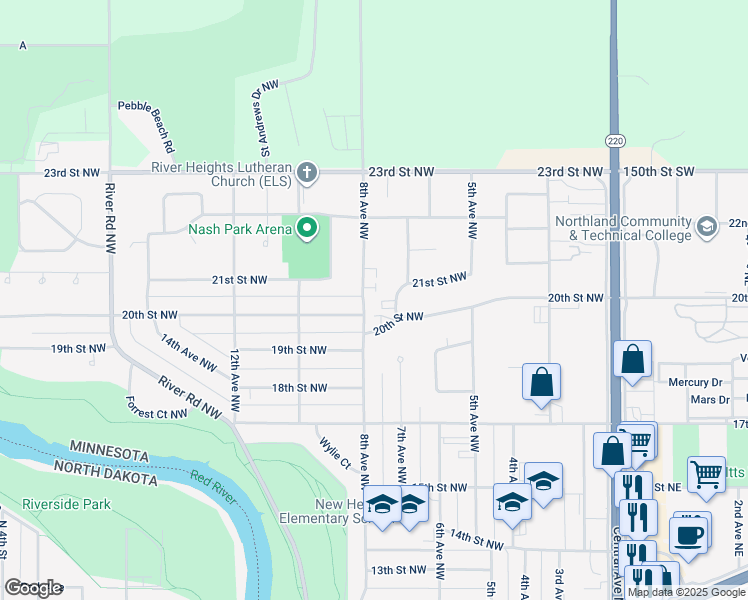 map of restaurants, bars, coffee shops, grocery stores, and more near 2100 8th Avenue Northwest in East Grand Forks