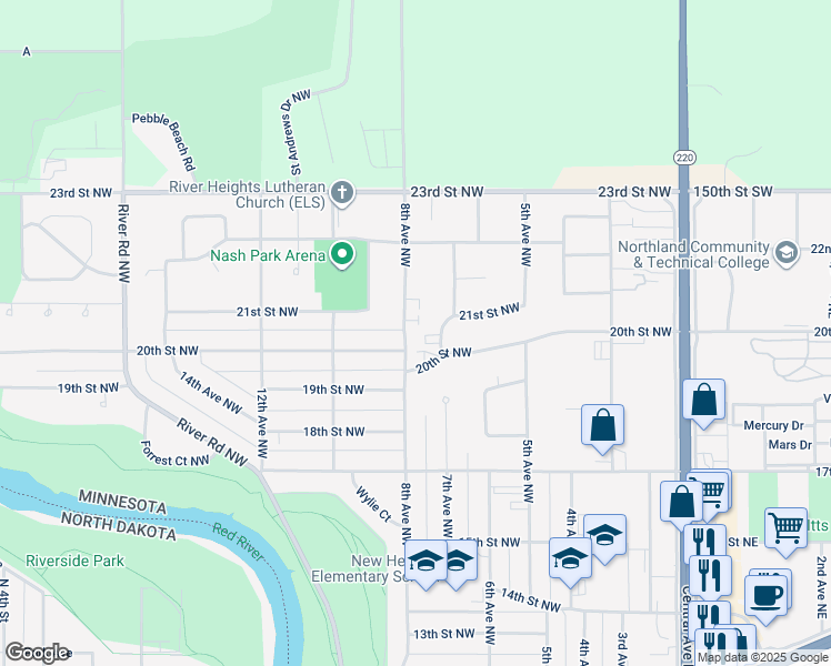 map of restaurants, bars, coffee shops, grocery stores, and more near 2100 8th Avenue Northwest in East Grand Forks
