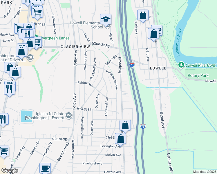 map of restaurants, bars, coffee shops, grocery stores, and more near 5711 Lombard Avenue in Everett
