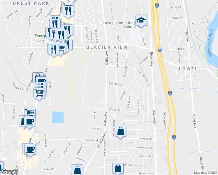 map of restaurants, bars, coffee shops, grocery stores, and more near 5627 Colby Avenue in Everett