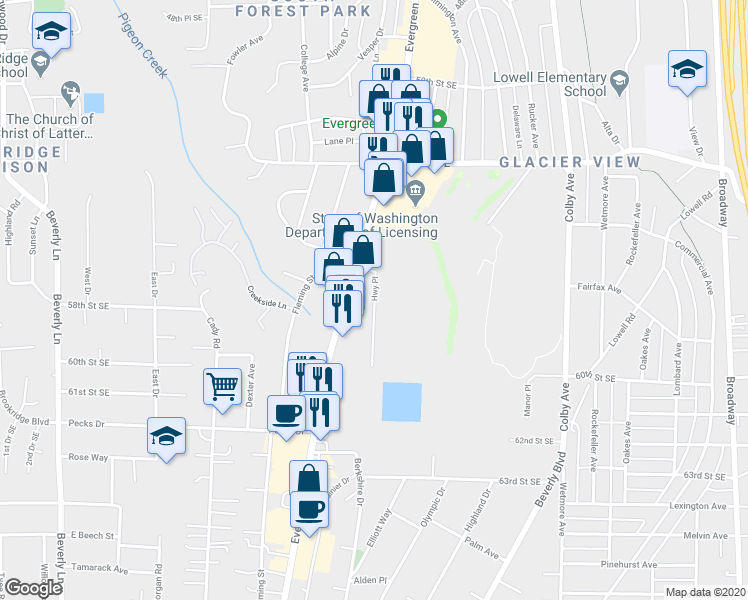 map of restaurants, bars, coffee shops, grocery stores, and more near 5711 Highway Place in Everett