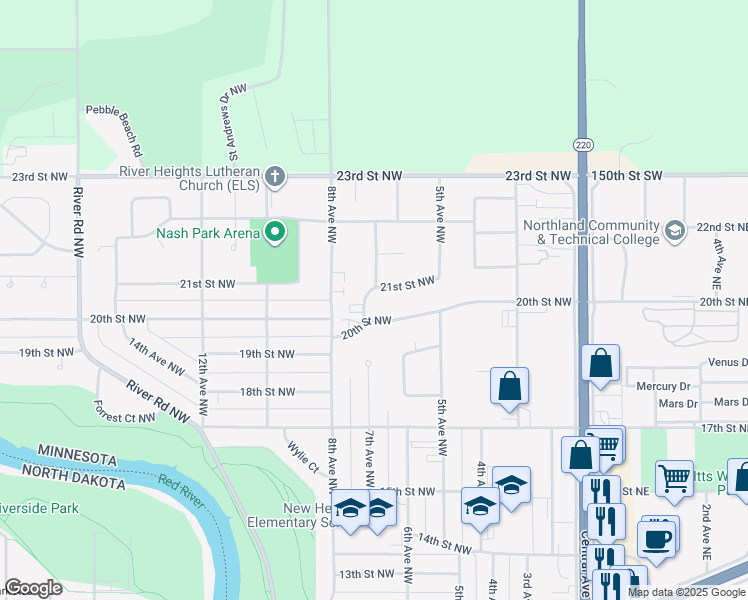 map of restaurants, bars, coffee shops, grocery stores, and more near 2022 7th Avenue Northwest in East Grand Forks