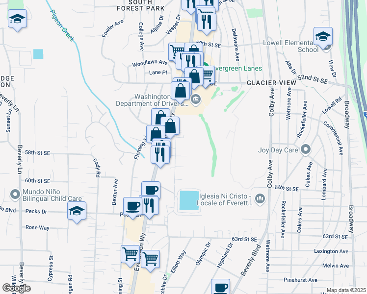 map of restaurants, bars, coffee shops, grocery stores, and more near 5701 Highway Place in Everett