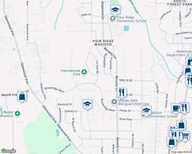 map of restaurants, bars, coffee shops, grocery stores, and more near 5729 Parkview Lane in Everett