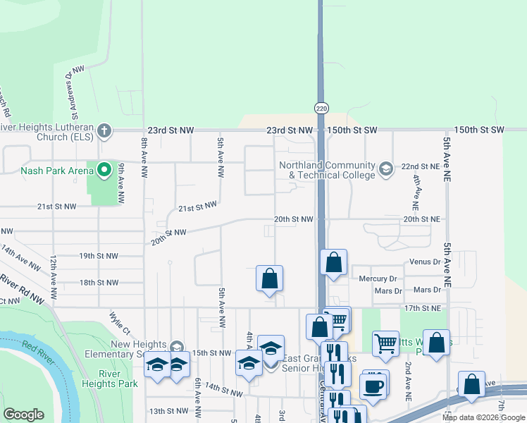map of restaurants, bars, coffee shops, grocery stores, and more near 230 20th Street Northeast in East Grand Forks