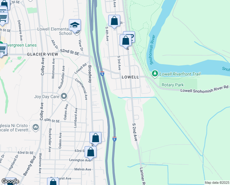 map of restaurants, bars, coffee shops, grocery stores, and more near 5602 South 3rd Avenue in Everett