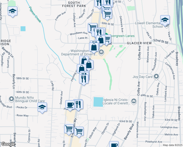 map of restaurants, bars, coffee shops, grocery stores, and more near 5631 Evergreen Way in Everett