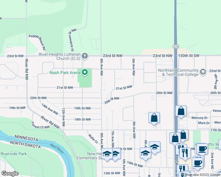 map of restaurants, bars, coffee shops, grocery stores, and more near 2101 7th Avenue Northwest in East Grand Forks