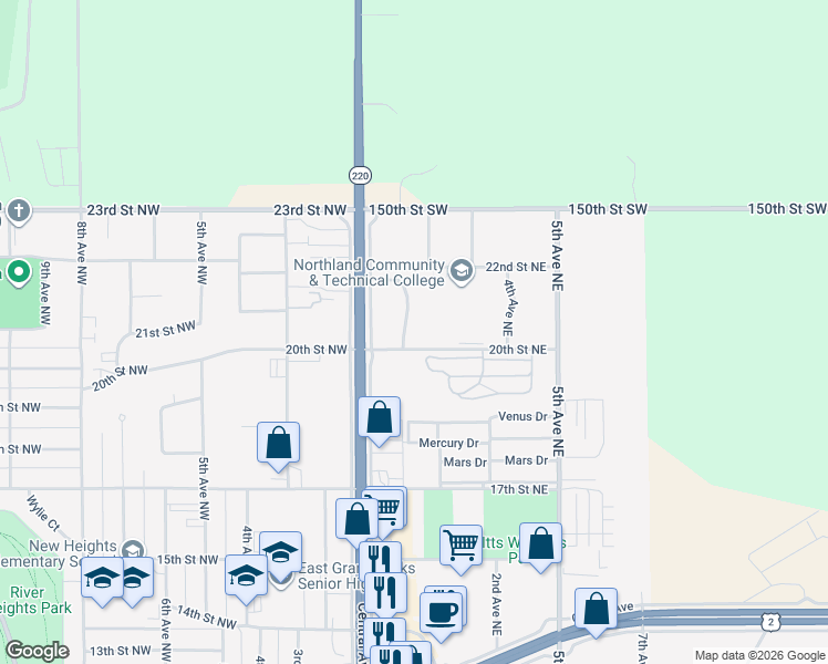map of restaurants, bars, coffee shops, grocery stores, and more near 230 20th Street Northeast in East Grand Forks