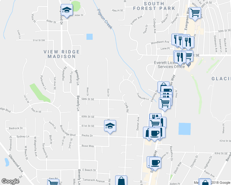 map of restaurants, bars, coffee shops, grocery stores, and more near 5726 Cady Road in Everett