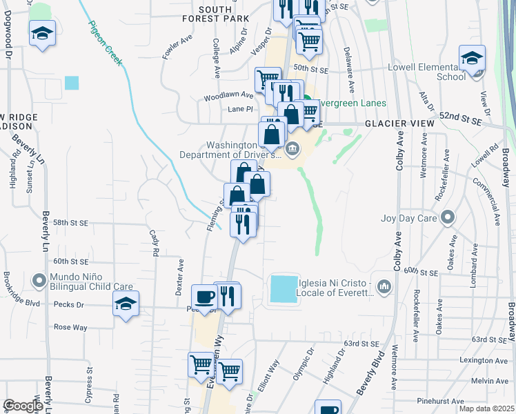 map of restaurants, bars, coffee shops, grocery stores, and more near 5631 Evergreen Way in Everett