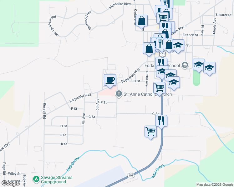 map of restaurants, bars, coffee shops, grocery stores, and more near 501 5th Avenue in Forks