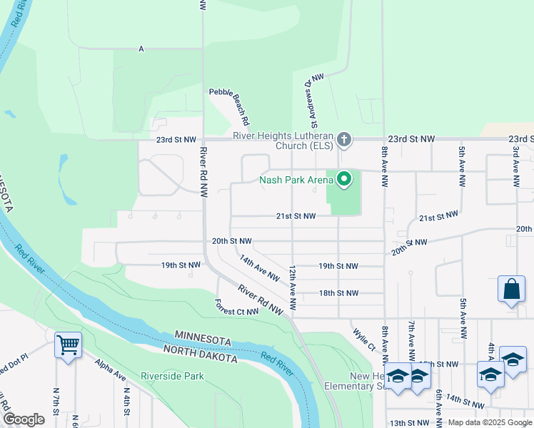 map of restaurants, bars, coffee shops, grocery stores, and more near 1228 21st Street Northwest in East Grand Forks