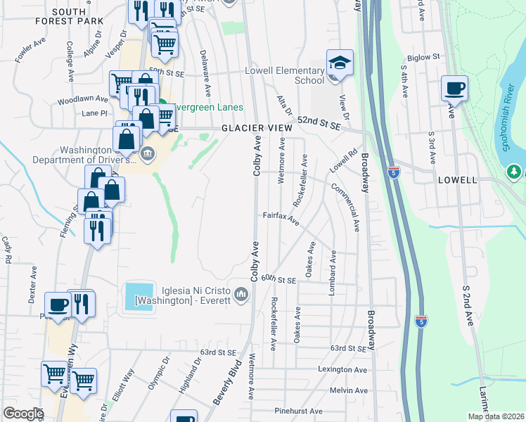 map of restaurants, bars, coffee shops, grocery stores, and more near 5627 Colby Avenue in Everett