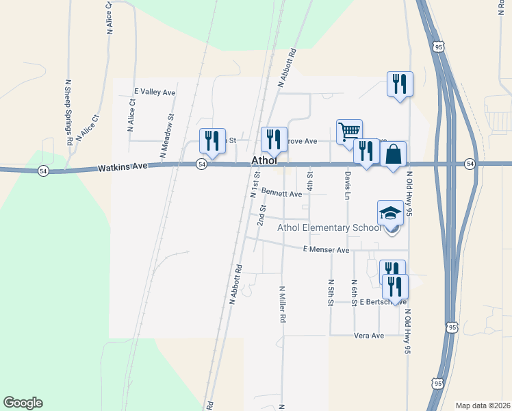 map of restaurants, bars, coffee shops, grocery stores, and more near 30250 1st Street in Athol