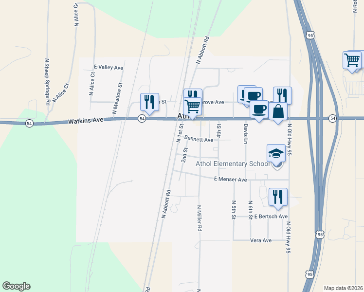 map of restaurants, bars, coffee shops, grocery stores, and more near 30250 1st Street in Athol