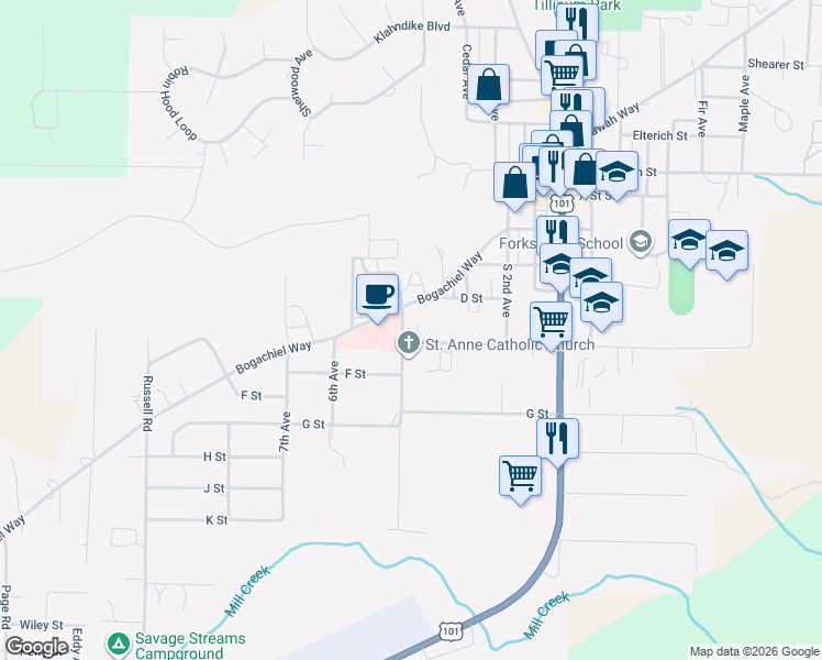 map of restaurants, bars, coffee shops, grocery stores, and more near 501 5th Ave in Forks