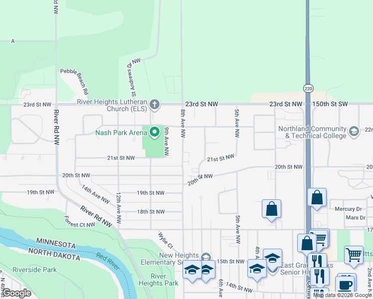 map of restaurants, bars, coffee shops, grocery stores, and more near 2116 8th Avenue Northwest in East Grand Forks