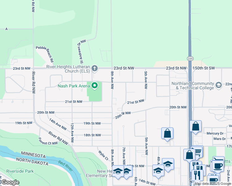 map of restaurants, bars, coffee shops, grocery stores, and more near 2134 8th Avenue Northwest in East Grand Forks