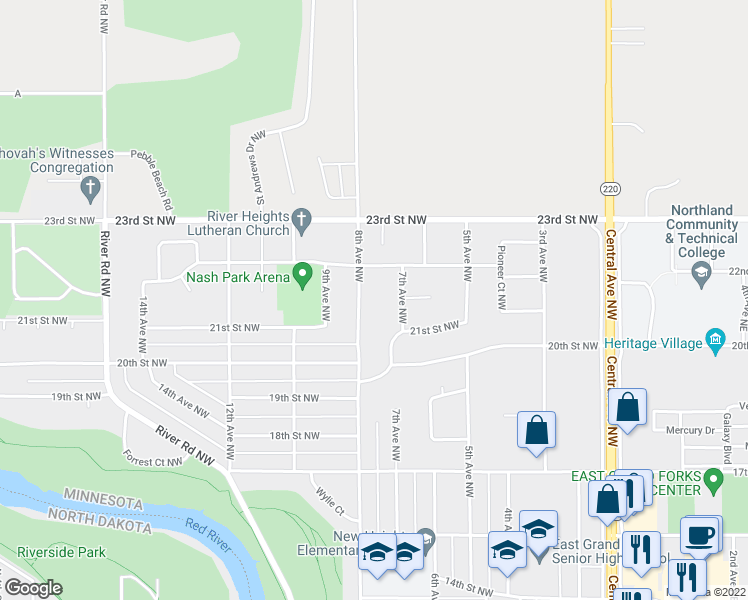 map of restaurants, bars, coffee shops, grocery stores, and more near 2144 8th Avenue Northwest in East Grand Forks