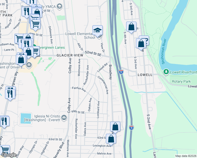 map of restaurants, bars, coffee shops, grocery stores, and more near 2220 Commercial Avenue in Everett