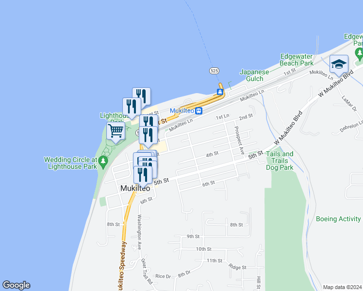 map of restaurants, bars, coffee shops, grocery stores, and more near 822 3rd Street in Mukilteo