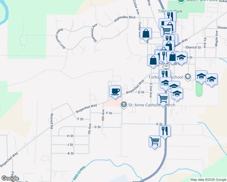 map of restaurants, bars, coffee shops, grocery stores, and more near 351 Founders Way in Forks