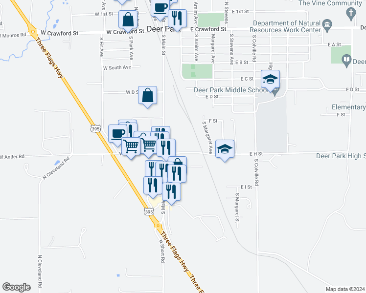 map of restaurants, bars, coffee shops, grocery stores, and more near 21 East H Street in Deer Park