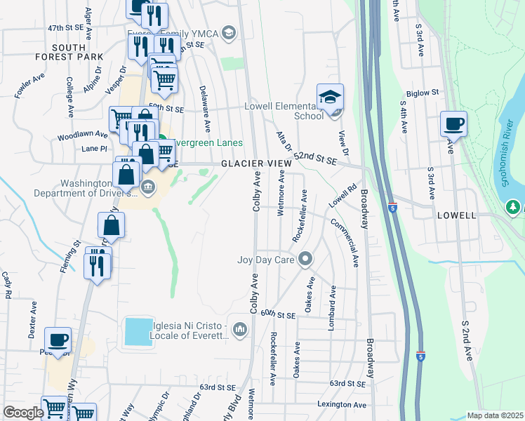 map of restaurants, bars, coffee shops, grocery stores, and more near 5501 Colby Avenue in Everett