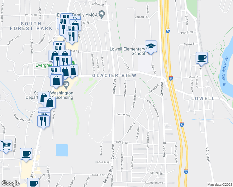 map of restaurants, bars, coffee shops, grocery stores, and more near 5501 Colby Avenue in Everett