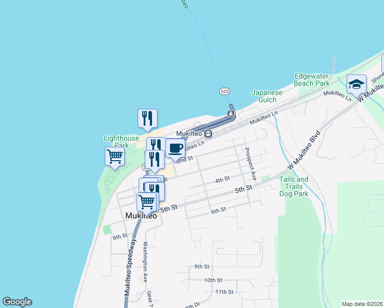 map of restaurants, bars, coffee shops, grocery stores, and more near 823 2nd Street in Mukilteo