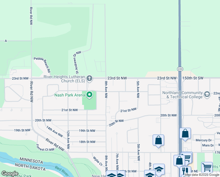 map of restaurants, bars, coffee shops, grocery stores, and more near 722 22nd Street Northwest in East Grand Forks