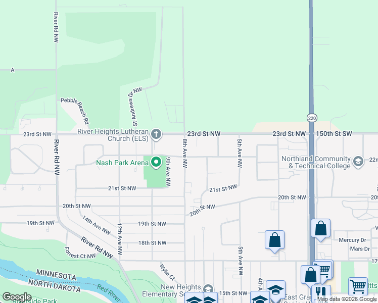 map of restaurants, bars, coffee shops, grocery stores, and more near 2206 8th Avenue Northwest in East Grand Forks