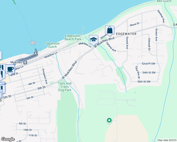 map of restaurants, bars, coffee shops, grocery stores, and more near 1503 Debrelon Lane in Mukilteo