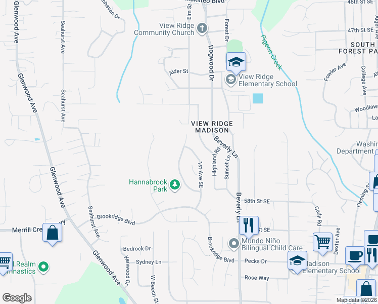 map of restaurants, bars, coffee shops, grocery stores, and more near 5531 Parkview Lane in Everett