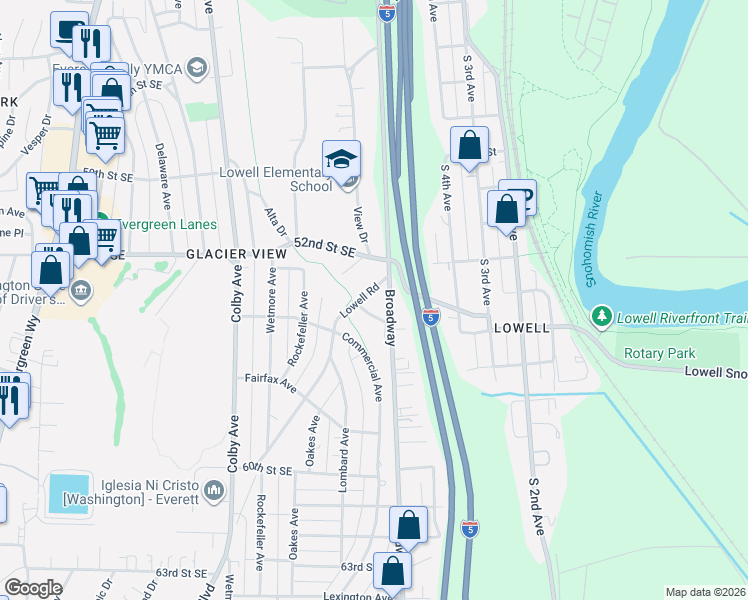 map of restaurants, bars, coffee shops, grocery stores, and more near 2310 Lowell Road in Everett
