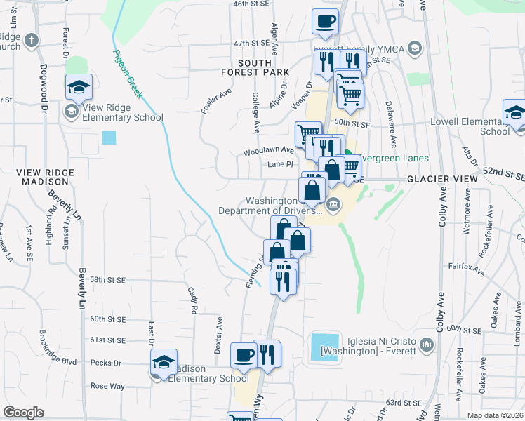 map of restaurants, bars, coffee shops, grocery stores, and more near 5405 College Avenue in Everett
