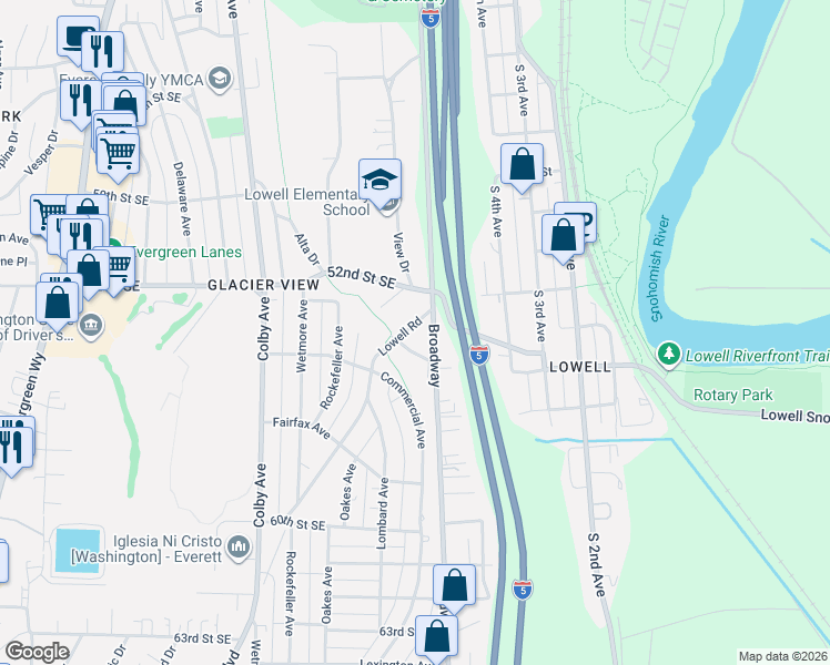 map of restaurants, bars, coffee shops, grocery stores, and more near 2310 Lowell Road in Everett