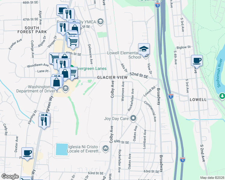 map of restaurants, bars, coffee shops, grocery stores, and more near 5304 Colby Avenue in Everett