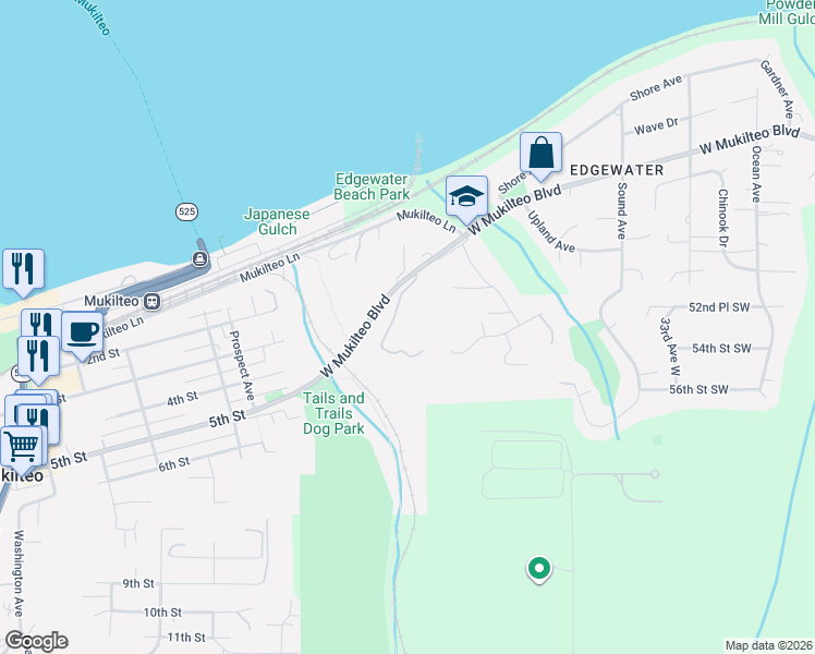map of restaurants, bars, coffee shops, grocery stores, and more near 1443 Scurlock Lane in Mukilteo