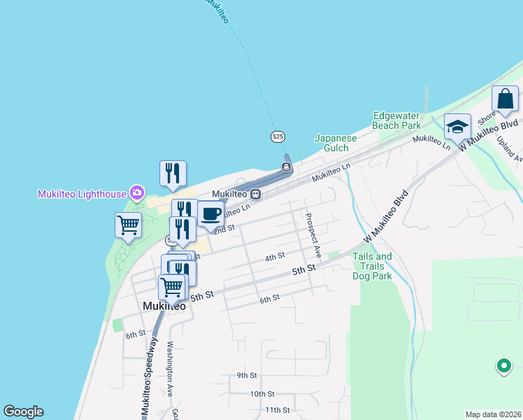 map of restaurants, bars, coffee shops, grocery stores, and more near 930 2nd Street in Mukilteo