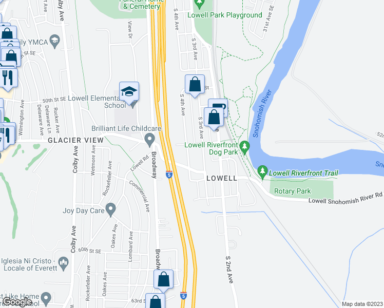 map of restaurants, bars, coffee shops, grocery stores, and more near 5307 South 4th Avenue in Everett
