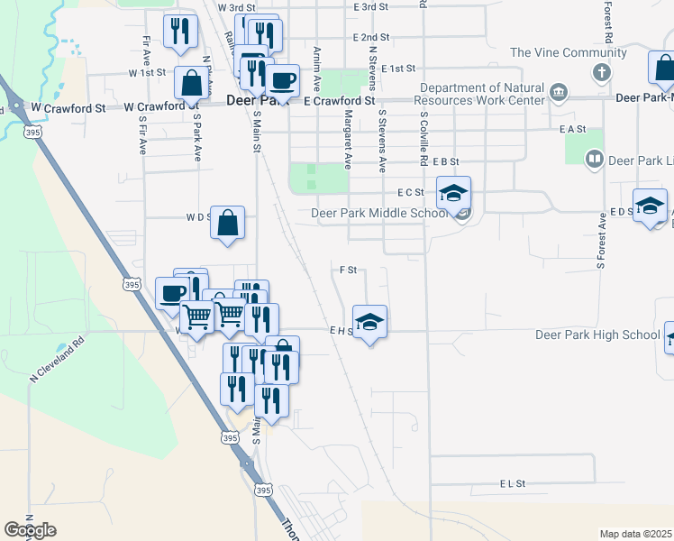map of restaurants, bars, coffee shops, grocery stores, and more near 301 F Street in Deer Park