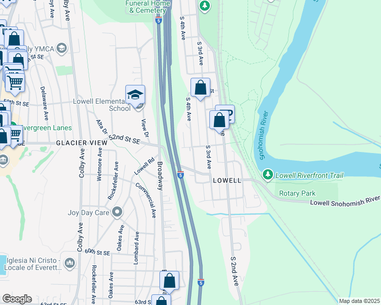 map of restaurants, bars, coffee shops, grocery stores, and more near 5302 S 4th Ave in Everett