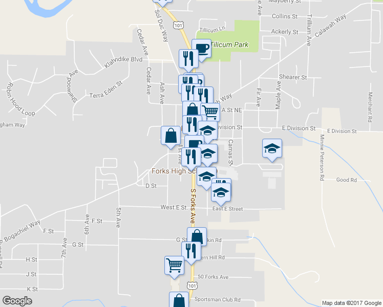 map of restaurants, bars, coffee shops, grocery stores, and more near 107 Bogachiel Way in Forks