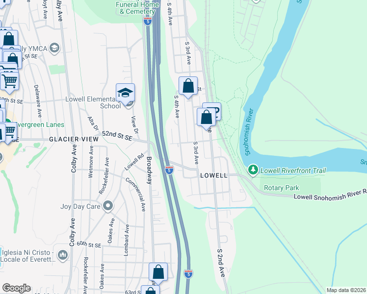 map of restaurants, bars, coffee shops, grocery stores, and more near 5302 South 4th Avenue in Everett