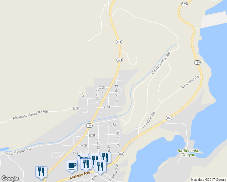 map of restaurants, bars, coffee shops, grocery stores, and more near 917 Division Street in Grand Coulee