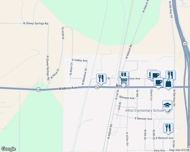 map of restaurants, bars, coffee shops, grocery stores, and more near 5405 Grove Avenue in Athol